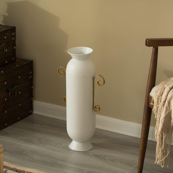 Decorative White Metal Floor Vase With 2 Gold Handles For Entryway, Living Room Or Dining Room